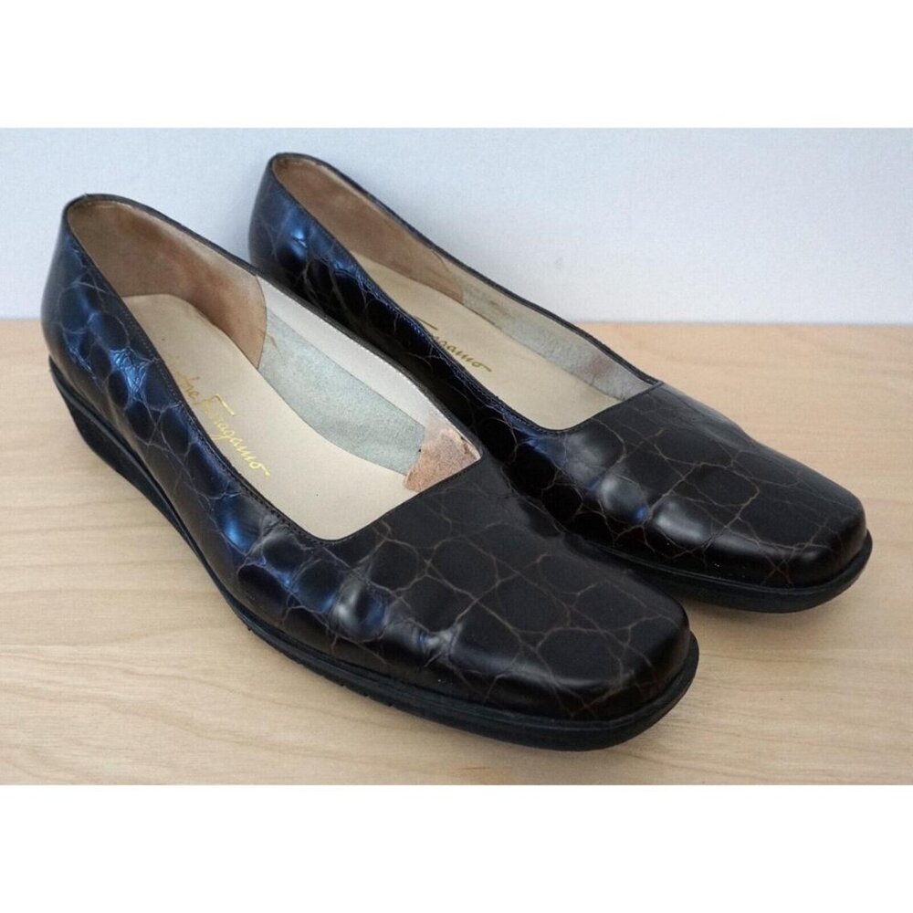 Salvatore Ferragamo Brown Leather Croc Embossed Slip On Wedge Pumps Size 7 B